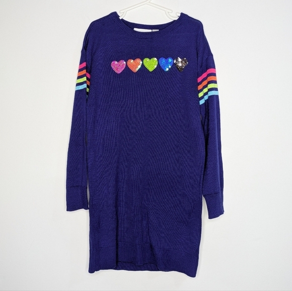 NWT Children's Place Blue Rainbow Striped Sequin Heart Sweater Dress 5/6 - Picture 1 of 7